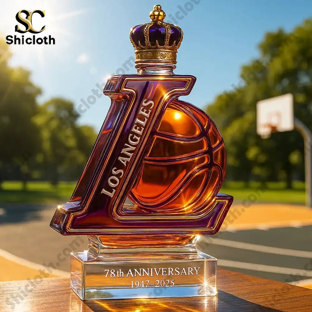 Close-up of the Lakers 78th Anniversary commemorative bottle, showcasing the crown design on top.