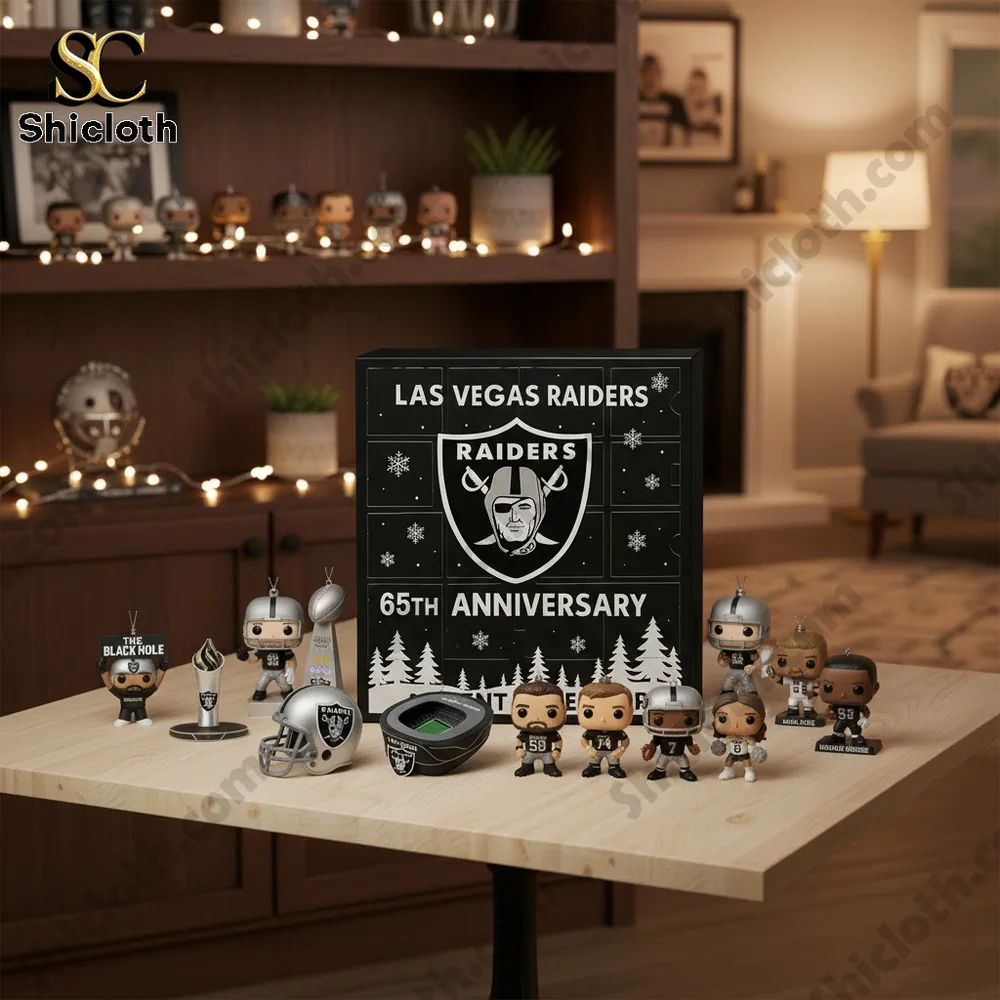 Las Vegas Raiders 65th Anniversary Limited Edition Advent Calendar 2025 4 Las Vegas Raiders 65th Anniversary advent calendar box displayed on a table with collectible mini figures.