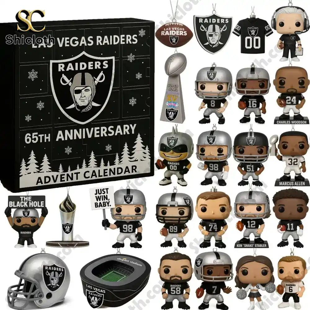 Las Vegas Raiders 65th Anniversary Limited Edition Advent Calendar 2025 5 Complete set of Las Vegas Raiders 65th Anniversary advent calendar items including mini figures and team accessories.