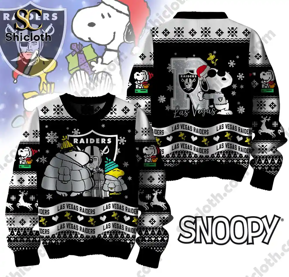 A Las Vegas Raiders Peanuts Snoopy ugly sweater featuring Snoopy in a Santa hat with snowflakes and festive designs.