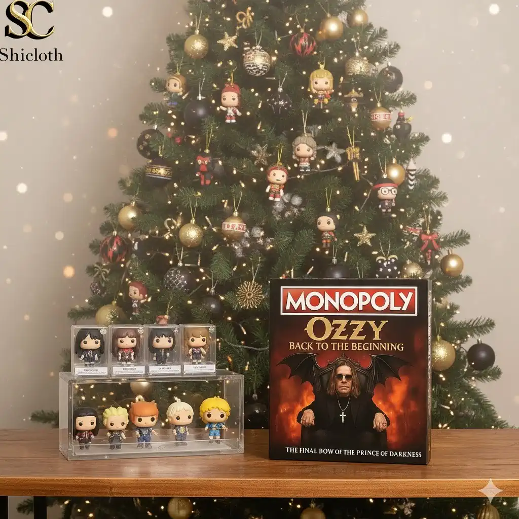 Ozzy Back To The Beginning Monopoly box displayed beside a Christmas tree decorated with collectible figures.