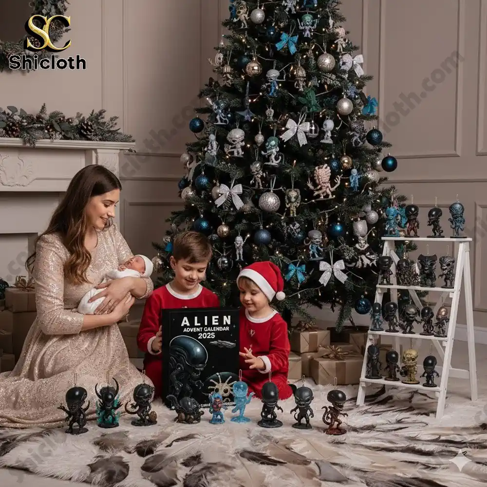 A mother and her children sit by a Christmas tree with the Alien Advent Calendar 2025 and collectible figures displayed around them!