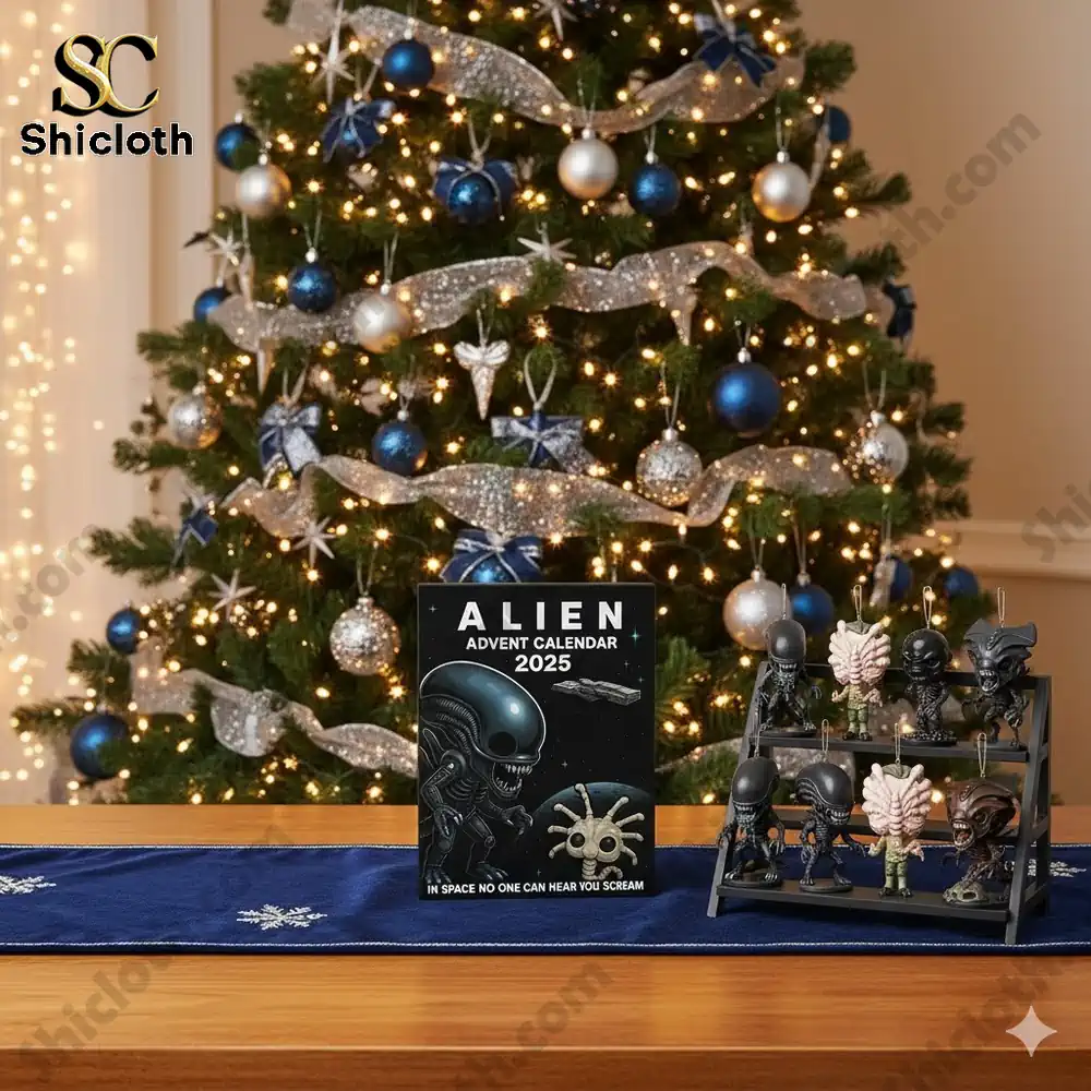 A decorated Christmas tree with lights and the Alien Advent Calendar 2025 displayed on a table with collectible figures!