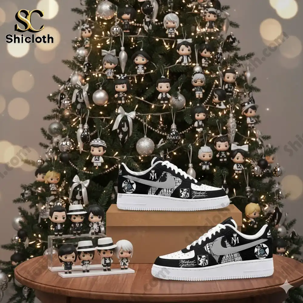 Black and white themed sneakers placed in front of a decorated Christmas tree with small figurines!