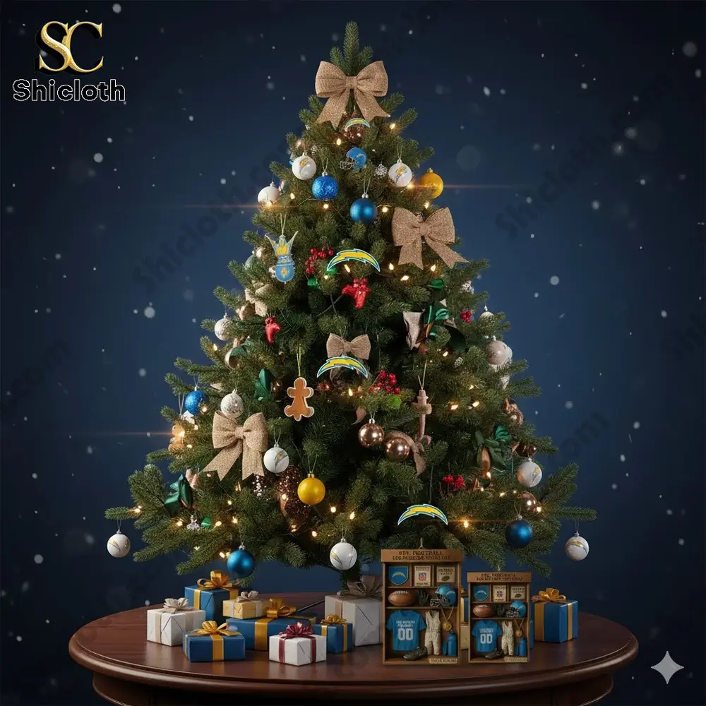 Christmas tree decorated with Los Angeles Chargers themed ornaments and gifts under the tree.