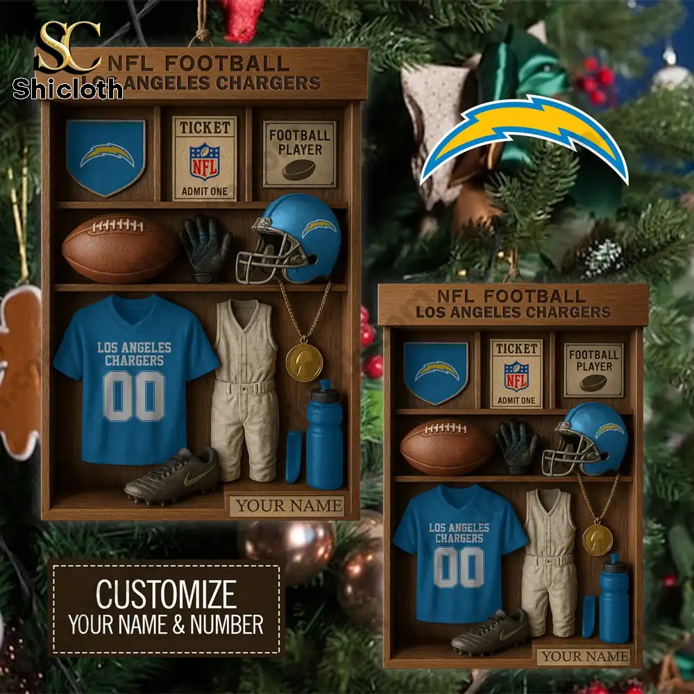 Miniature Chargers themed display case with football gear and customizable name area.
