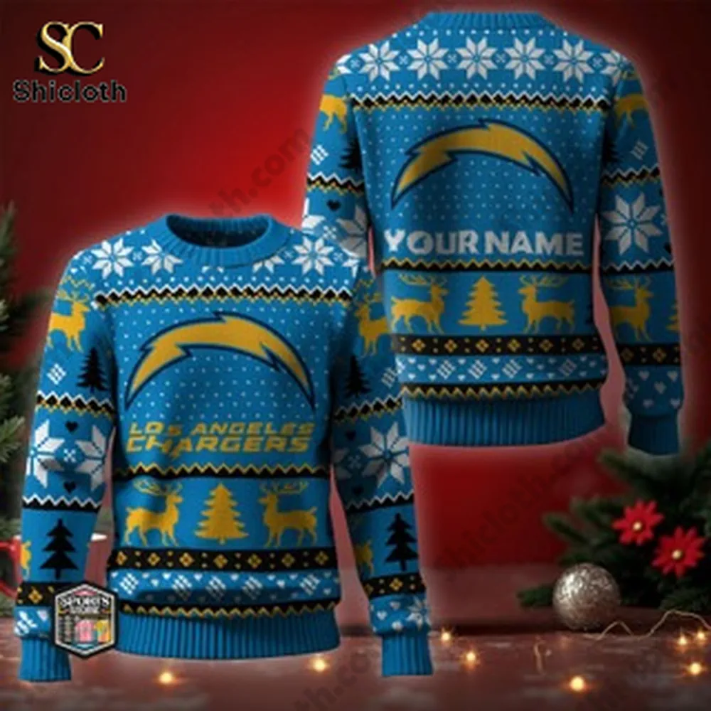 Personalized Los Angeles Chargers Christmas sweater with reindeer and snowflakes.