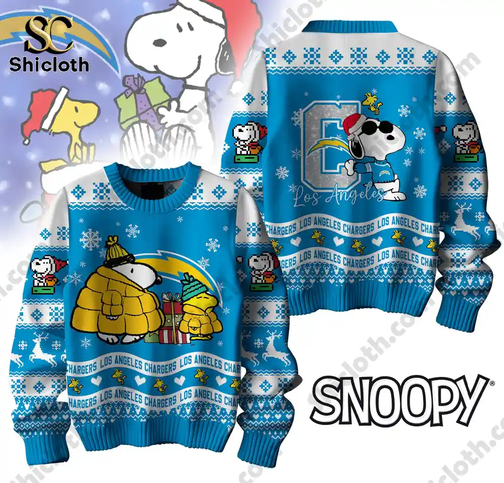 Front view of a Los Angeles Chargers Snoopy sweater featuring Snoopy and Woodstock in festive outfits.