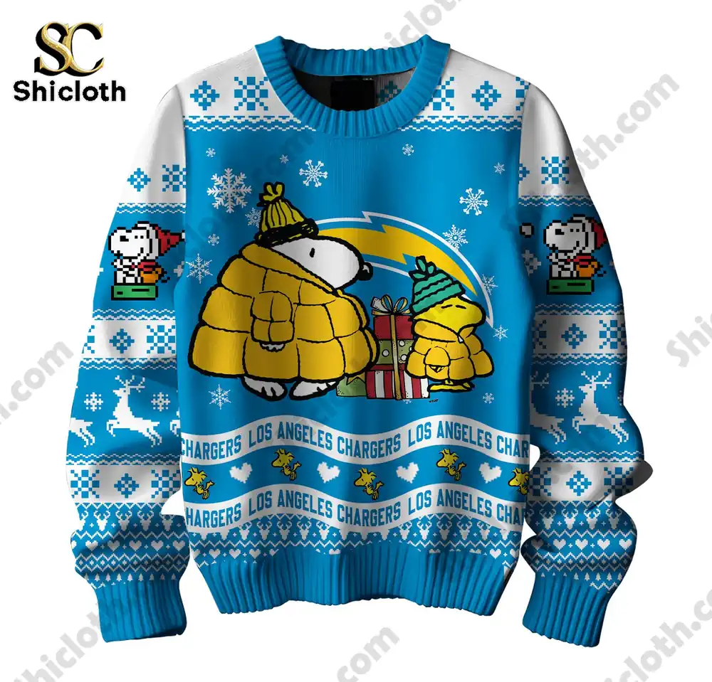 Los Angeles Chargers x Peanuts Snoopy Ugly Sweater 3 Back view of a Los Angeles Chargers Snoopy sweater featuring Snoopy in sunglasses and a holiday hat.