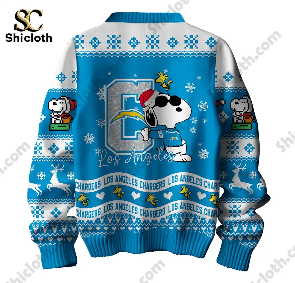 Los Angeles Chargers x Peanuts Snoopy Ugly Sweater 4 Side view of a Los Angeles Chargers Snoopy sweater featuring Snoopy and Woodstock with holiday decorations.