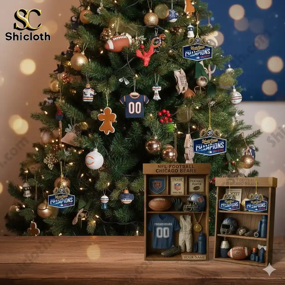 Christmas tree decorated with Chicago Bears themed ornaments and display boxes.
