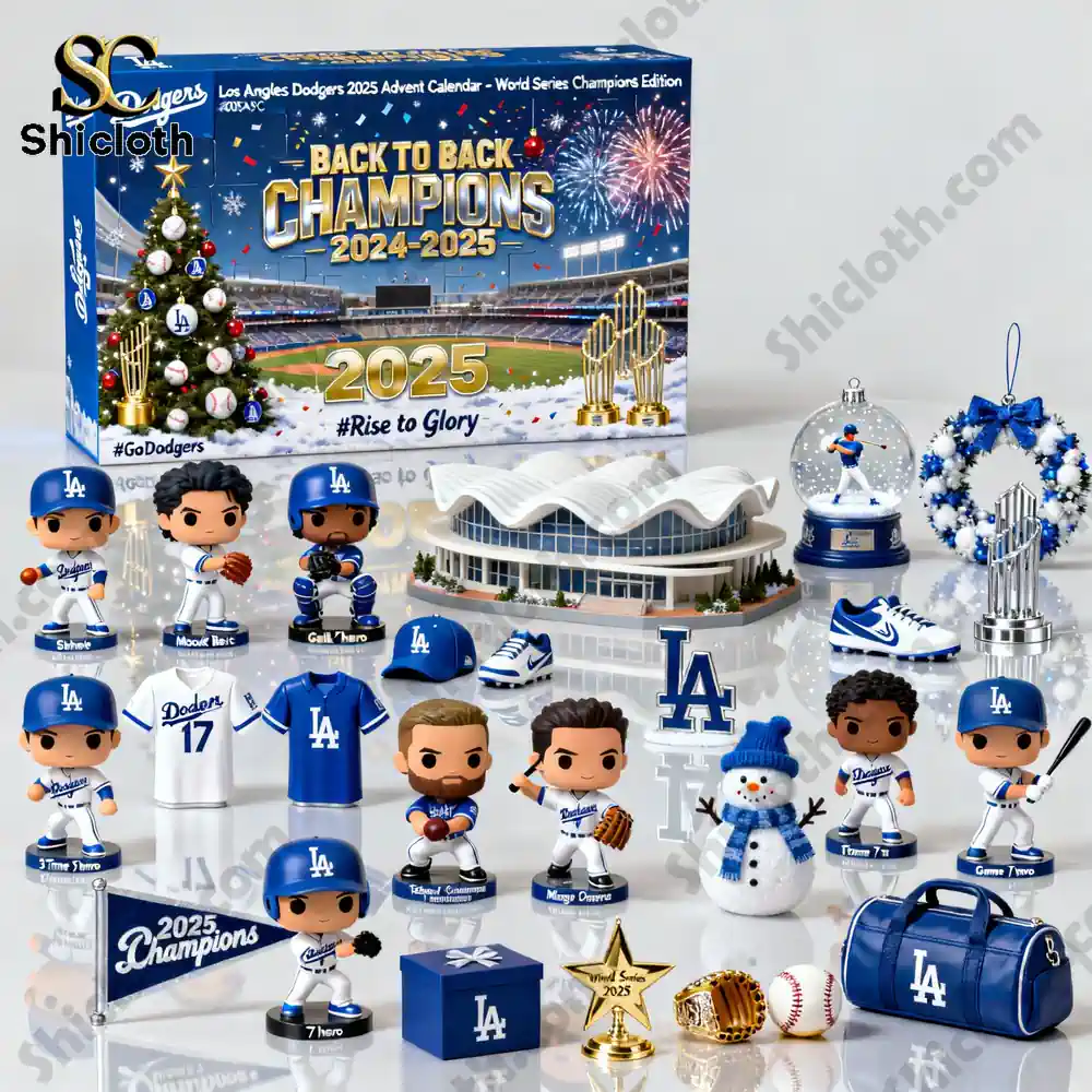 Close up of the Los Angeles Dodgers 2025 Advent Calendar with mini collectible figures and team-themed decorations.