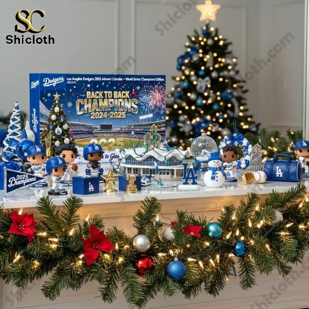 Los Angeles Dodgers 2025 World Series Champions Advent Calendar 3 Los Angeles Dodgers 2025 Advent Calendar displayed on a decorated fireplace with Christmas ornaments.