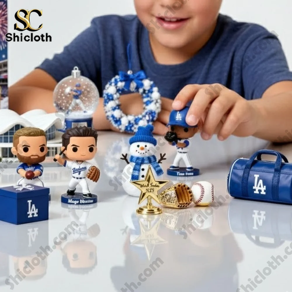 Los Angeles Dodgers 2025 World Series Champions Advent Calendar 4 A child playing with miniature Dodgers figures from the 2025 Advent Calendar.