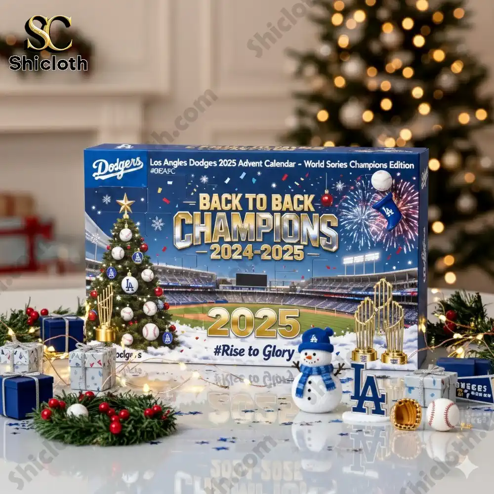 Los Angeles Dodgers 2025 World Series Champions Advent Calendar 5 Close up of the Dodgers 2025 Advent Calendar box surrounded by Christmas decorations and team-themed items.