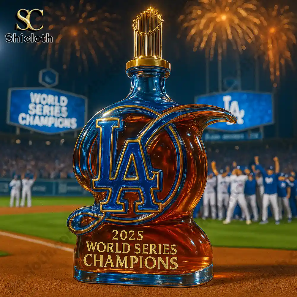 Los Angeles Dodgers 2025 World Series Champions whiskey bottle with a blue and orange design in front of a fireworks backdrop.