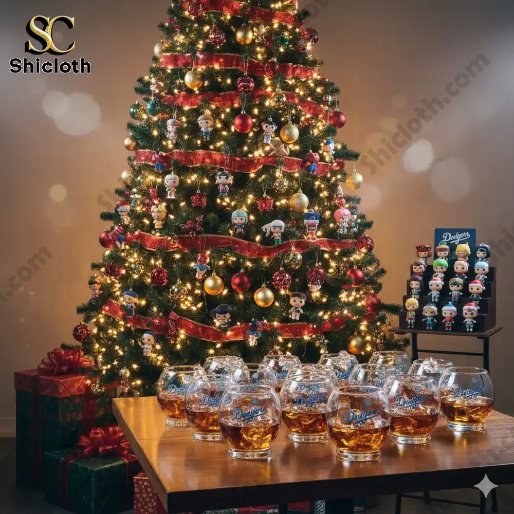 A decorated holiday tree stands beside a table filled with round Dodgers themed drinking glasses filled with a golden beverage.