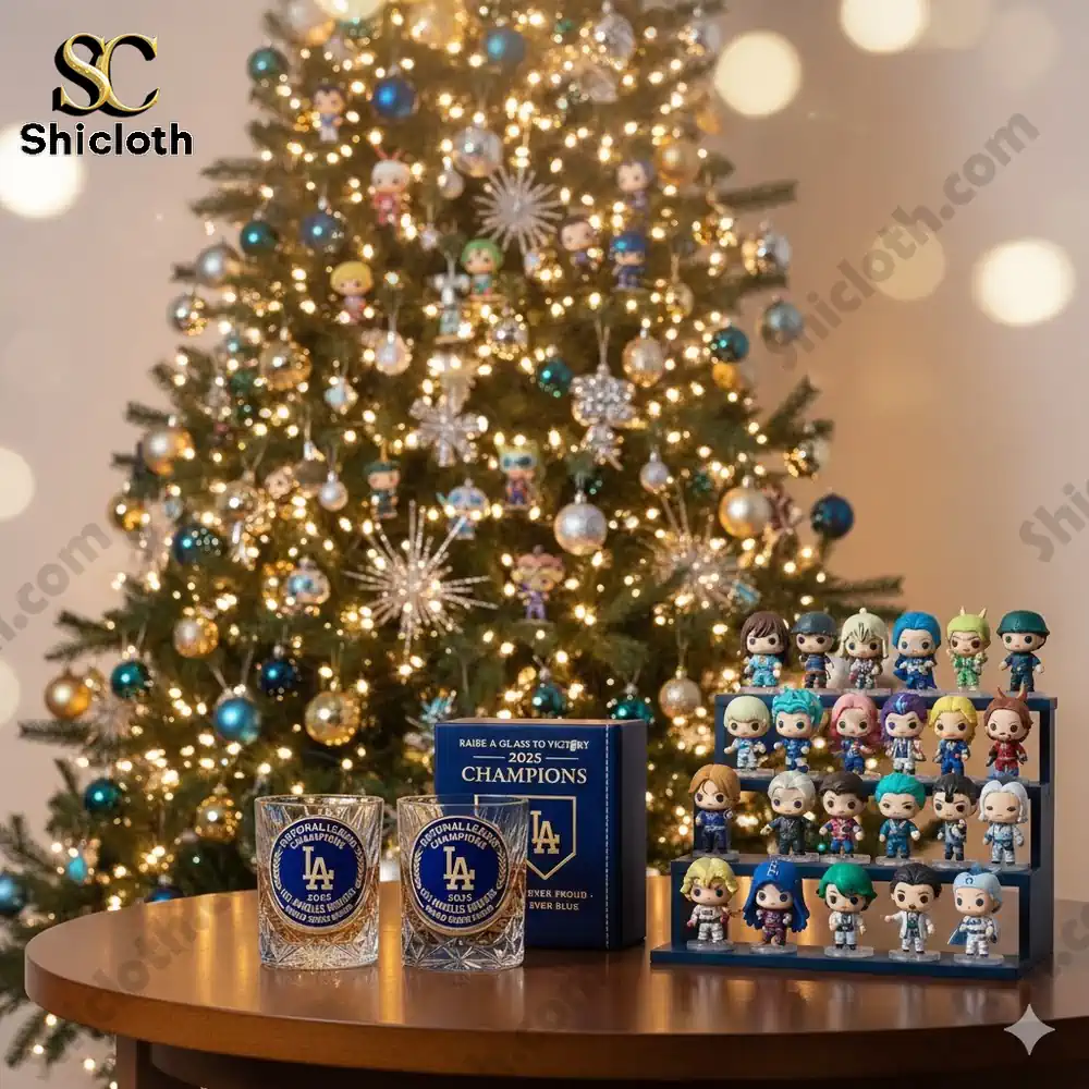 Christmas tree with decorations and collectible figures on a table.