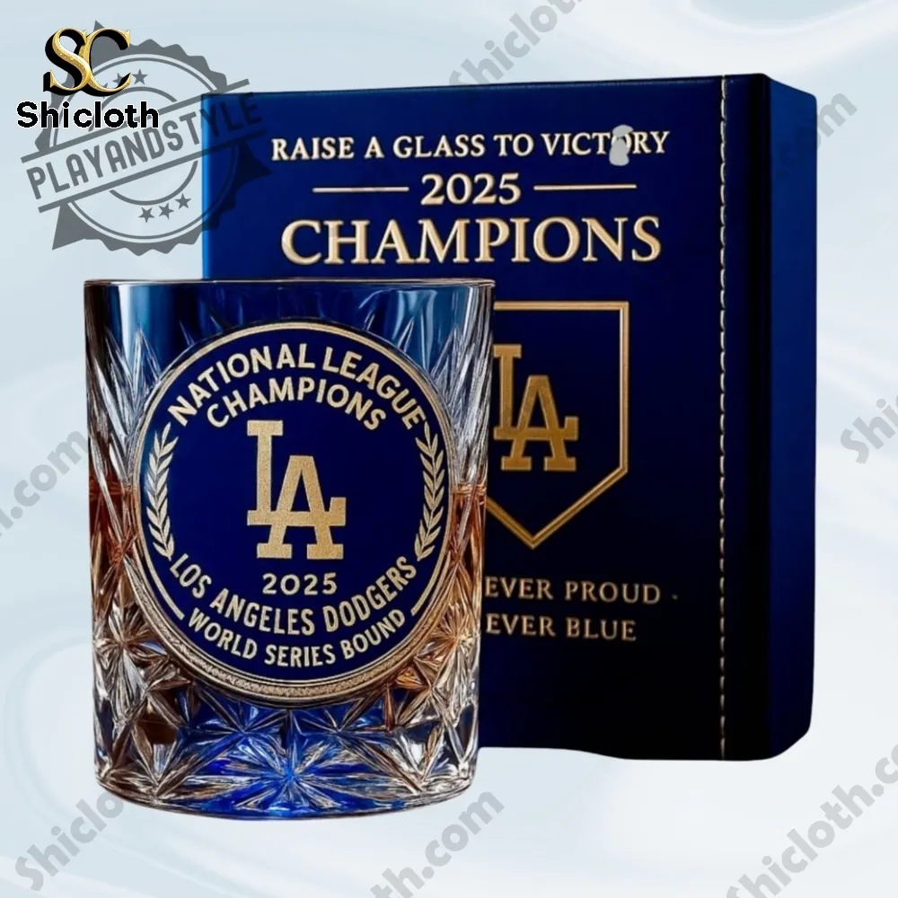 Dodgers champions glass in front of a blue gift box.