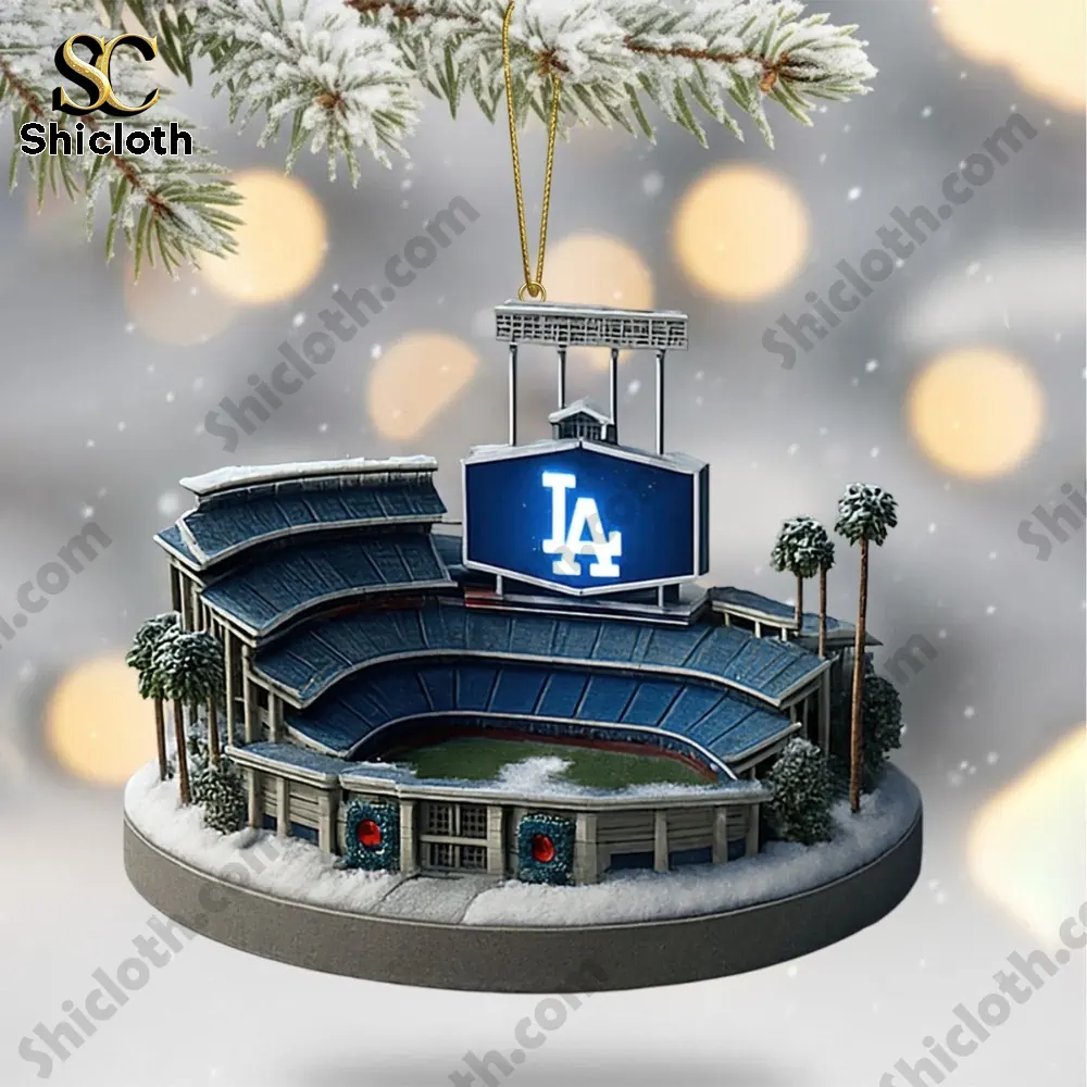 Los Angeles Dodgers Grinch Christmas Tree Topper And Ornament Set 2025 8 Dodgers Stadium ornament with snow and team logo.