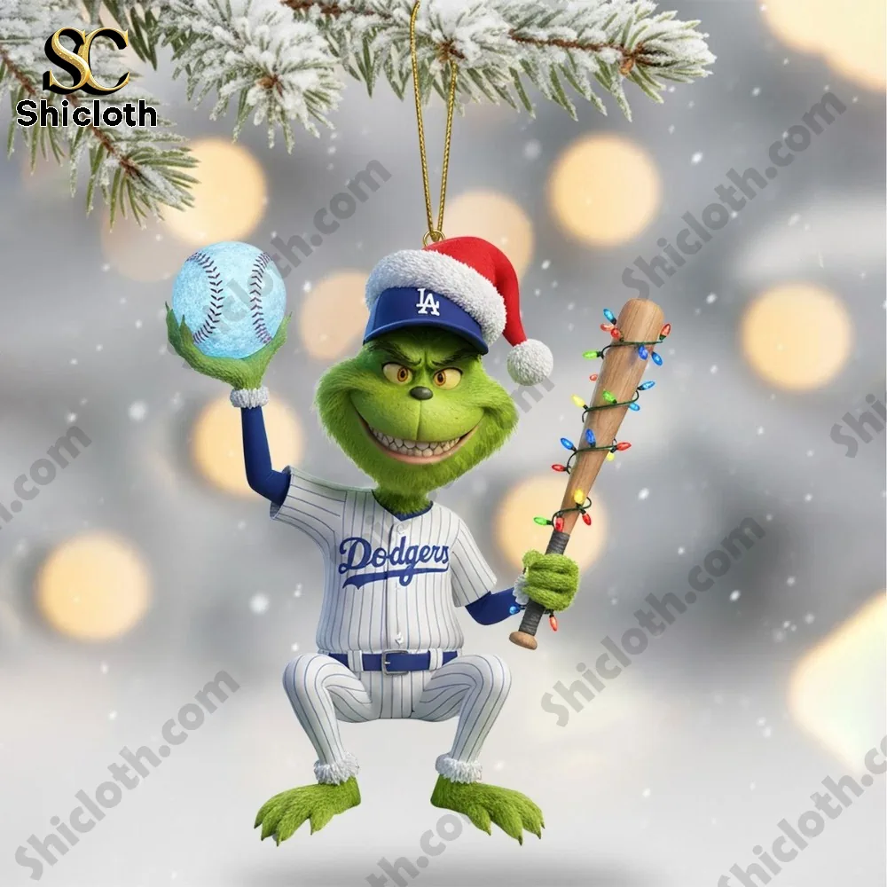Los Angeles Dodgers Grinch Christmas Tree Topper And Ornament Set 2025 4 Grinch ornament in Dodgers uniform holding baseball and lighted bat.