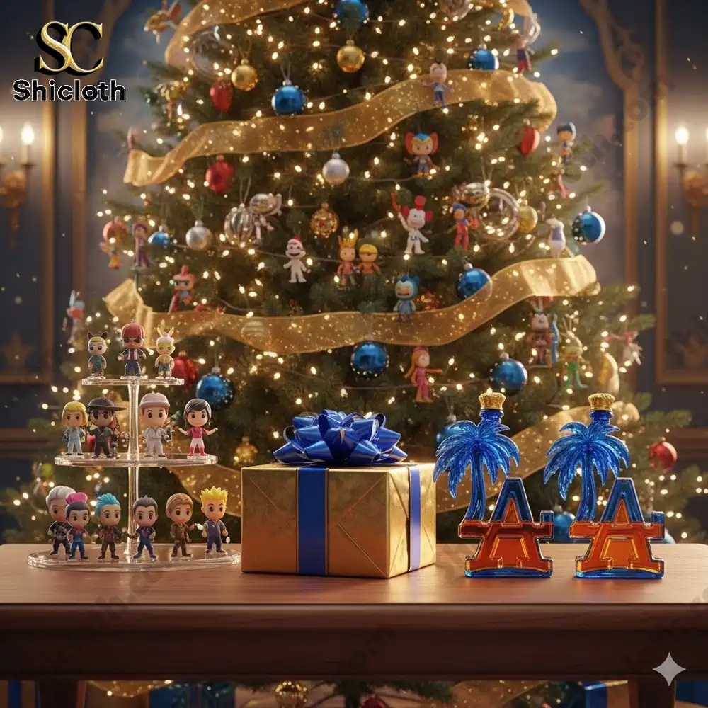 Christmas tree with Los Angeles themed palm bottles and small character figures on a table!