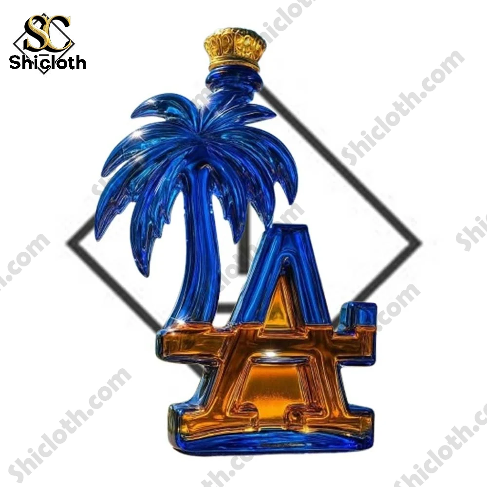 Los Angeles palm shaped bottle with a gold crown cap featuring a blue palm tree and orange letter A!