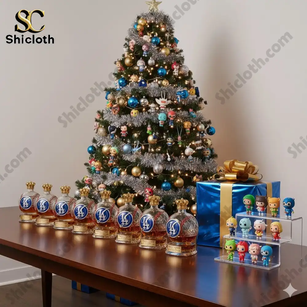 A Christmas tree decorated with colorful ornaments and a display of Los Angeles Dodgers World Series commemorative whiskey bottles.