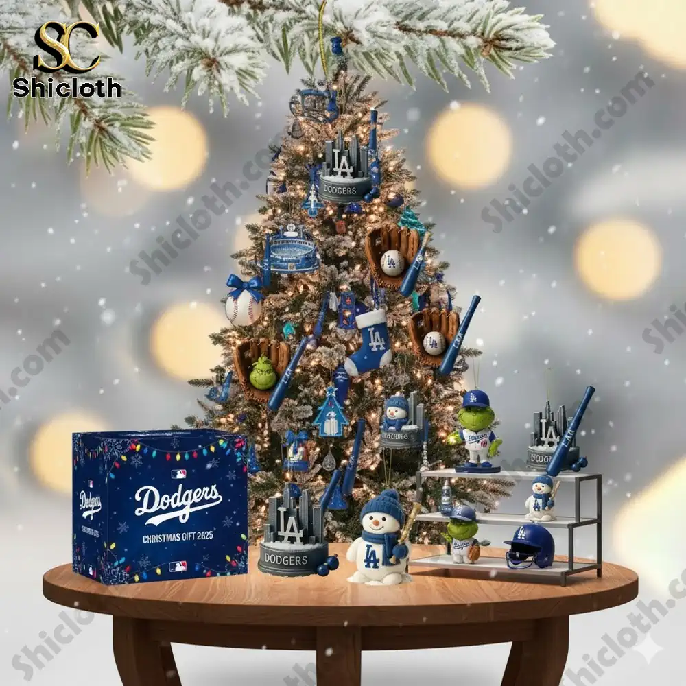 Los Angeles Dodgers themed Christmas tree decorated with baseball ornaments and Shicloth gift box.