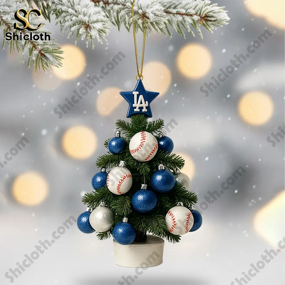 Los Angeles Dodgers World Series Merry Christmas 2025 Advent Calendar 7 Los Angeles Dodgers snowman ornament wearing blue hat and scarf holding baseball bat.