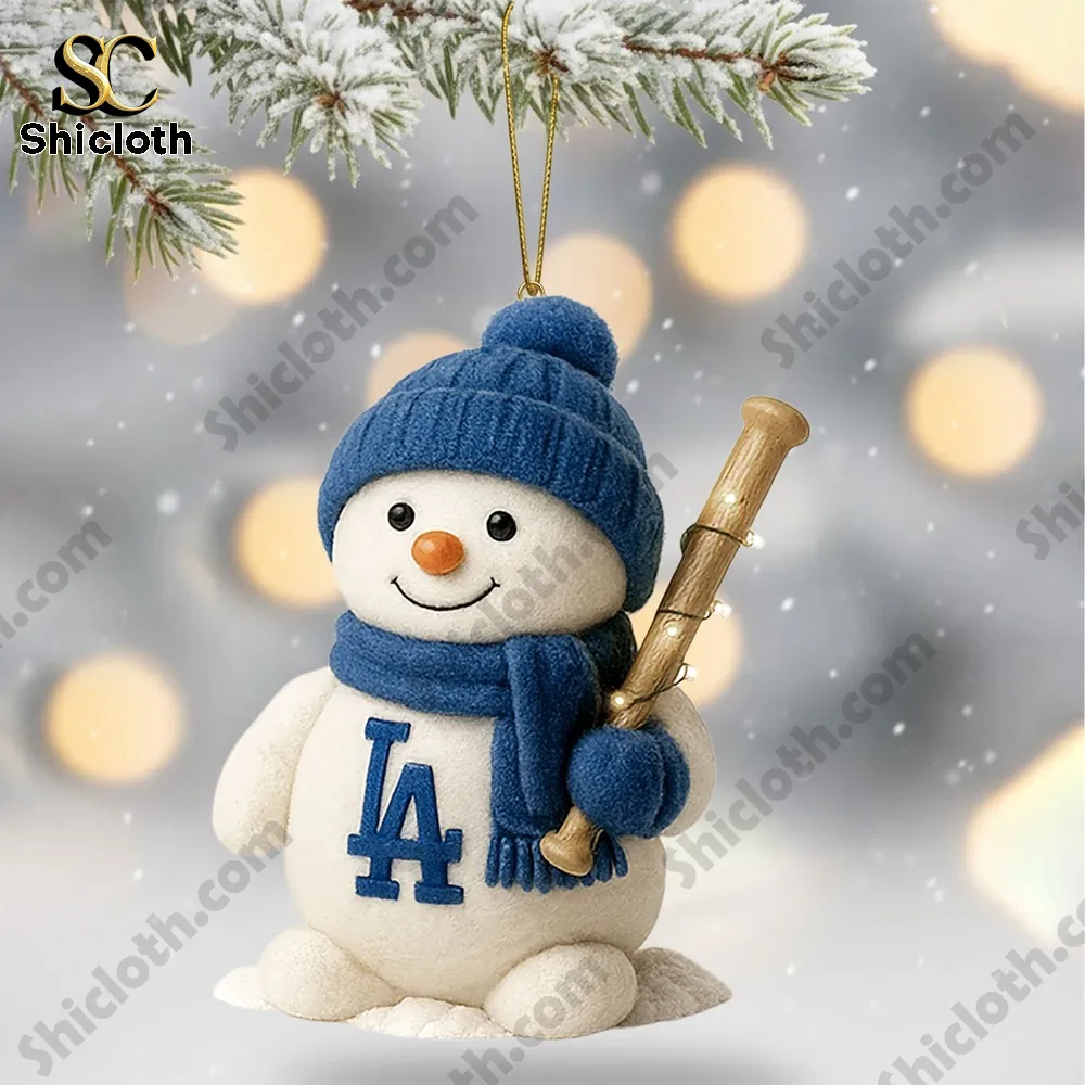 Los Angeles Dodgers World Series Merry Christmas 2025 Advent Calendar 5 Los Angeles Dodgers snowman ornament wearing blue hat and scarf holding baseball bat.