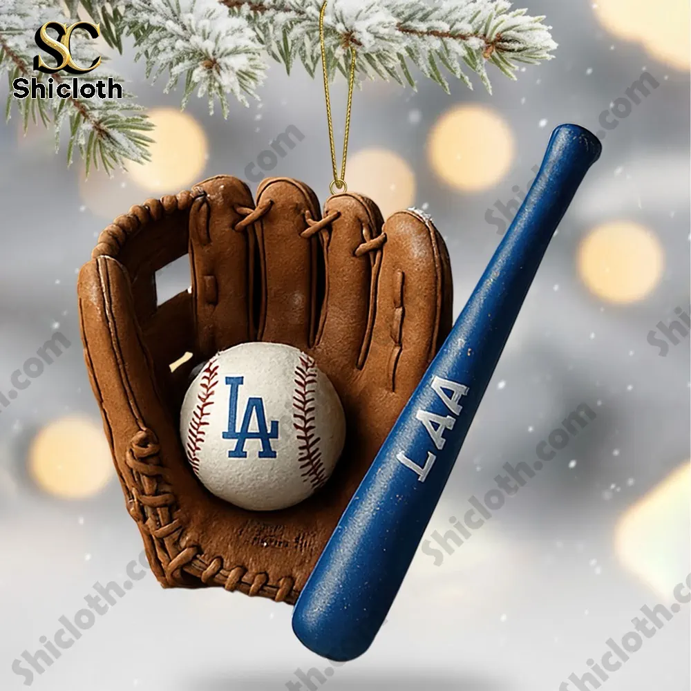 Los Angeles Dodgers World Series Merry Christmas 2025 Advent Calendar 4 Los Angeles Dodgers baseball glove ornament holding bat and ball.
