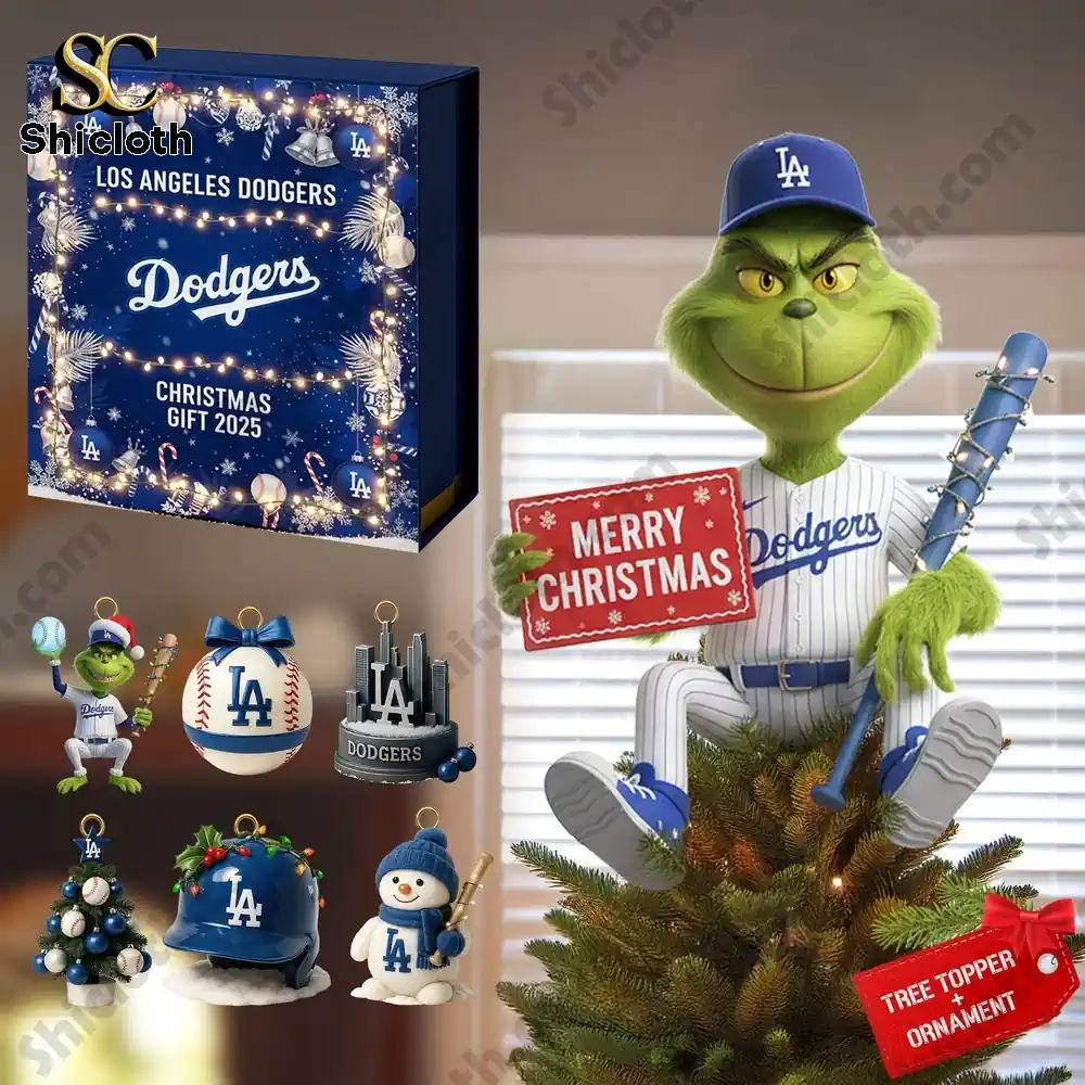 Los Angeles Dodgers World Series Merry Christmas 2025 Advent Calendar 3 Grinch in Los Angeles Dodgers uniform holding Merry Christmas sign with themed ornaments.