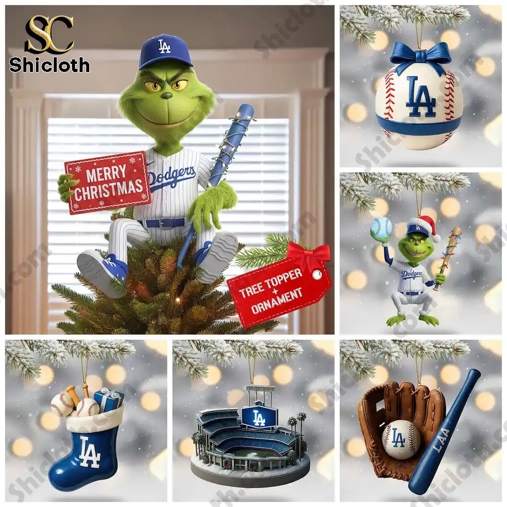 Los Angeles Dodgers World Series Merry Christmas 2025 Advent Calendar 6 Los Angeles Dodgers Christmas ornament set featuring Grinch, baseballs, gloves, and stadiums.