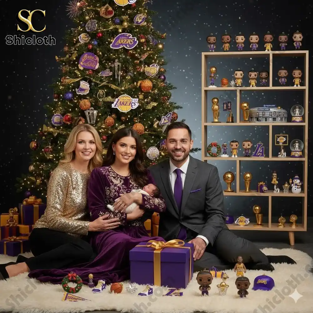A family poses by a Christmas tree decorated with Los Angeles Lakers ornaments and gifts in purple and gold colors.