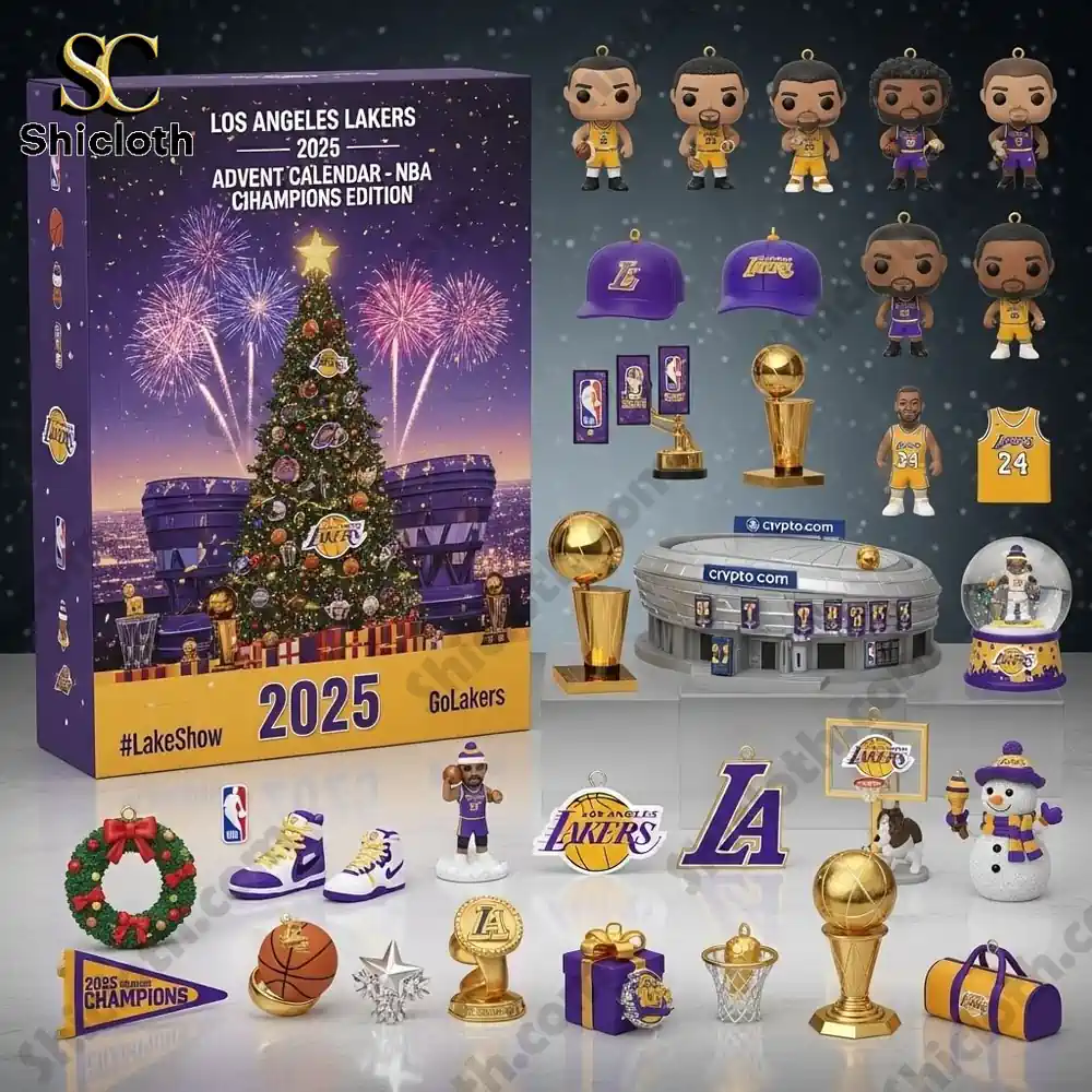A 2025 Los Angeles Lakers Advent calendar with various Lakers themed ornaments and mini collectibles displayed around it.