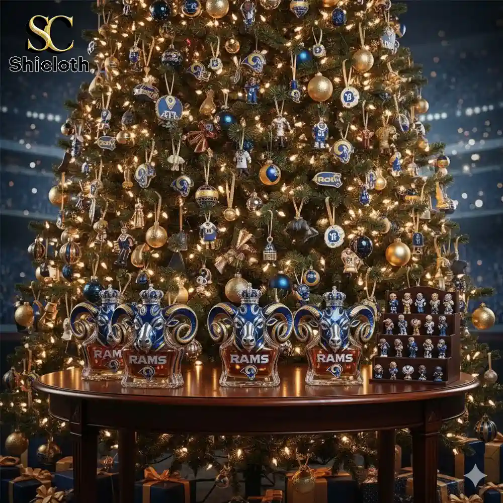 A Christmas tree decorated in blue and gold with several Rams themed bottles displayed on a table.