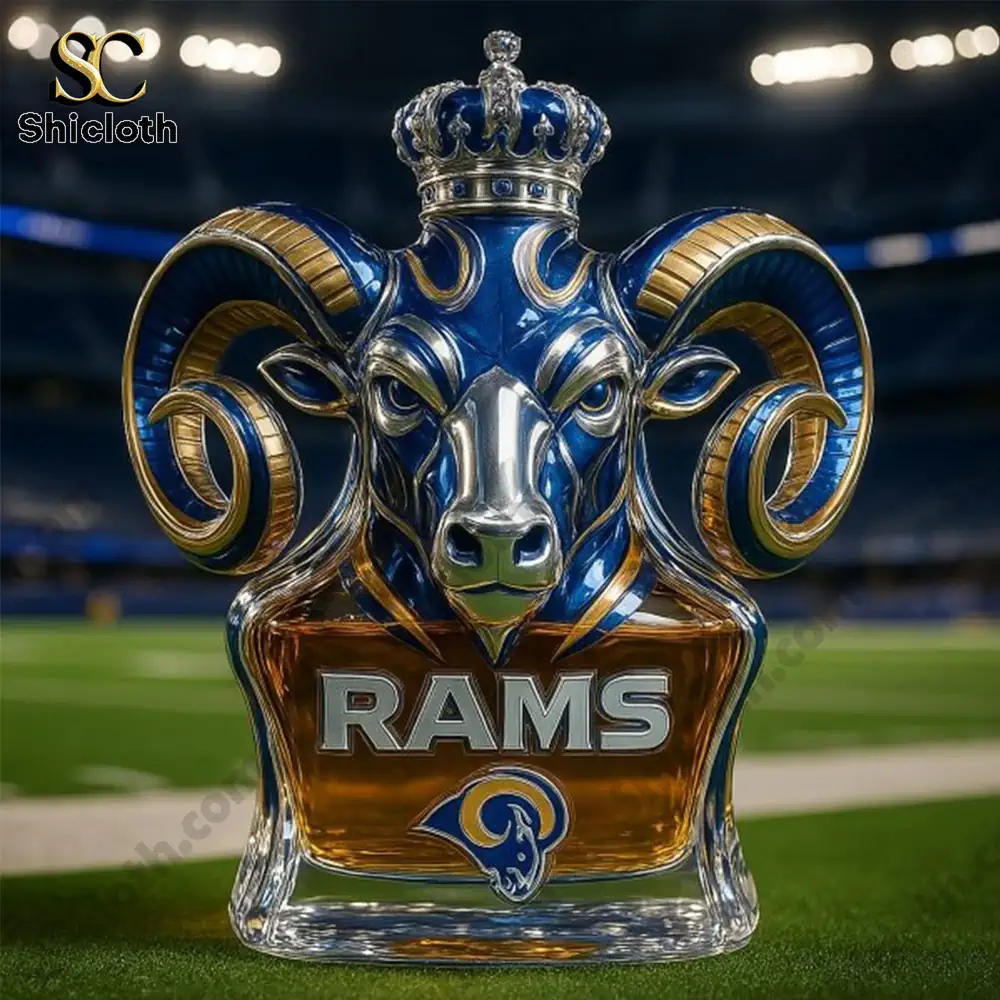 A Rams themed bottle shaped like a ram head with a crown displayed on a football field.
