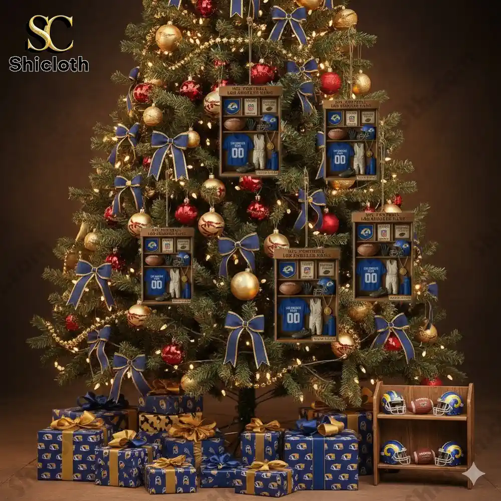 Christmas tree decorated with Los Angeles Rams themed ornaments and gifts!