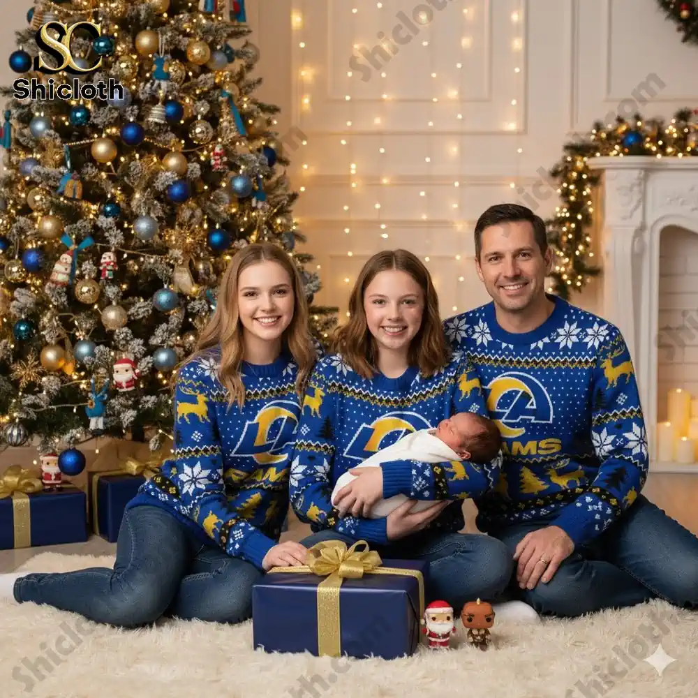 A family wearing matching L.A. Rams Christmas sweaters poses in front of a Christmas tree with gifts, holding a newborn baby.