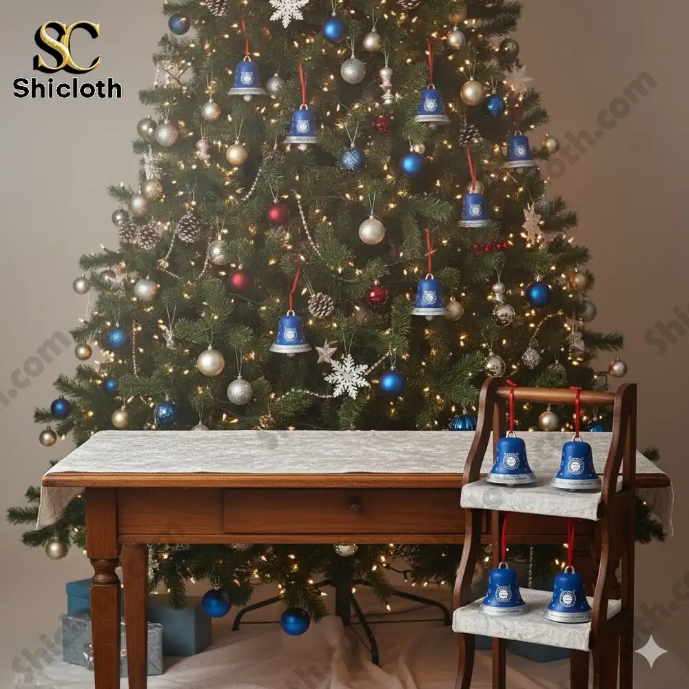 Christmas tree decorated with Los Angeles Dodgers blue bell ornaments and silver and red baubles.