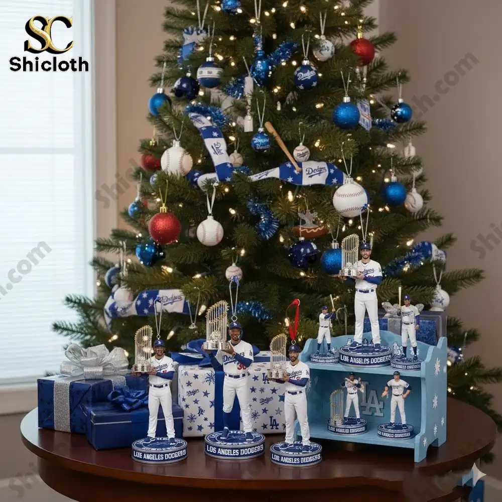 Christmas tree decorated with Los Angeles Dodgers baseball ornaments and team figures by Shicloth.