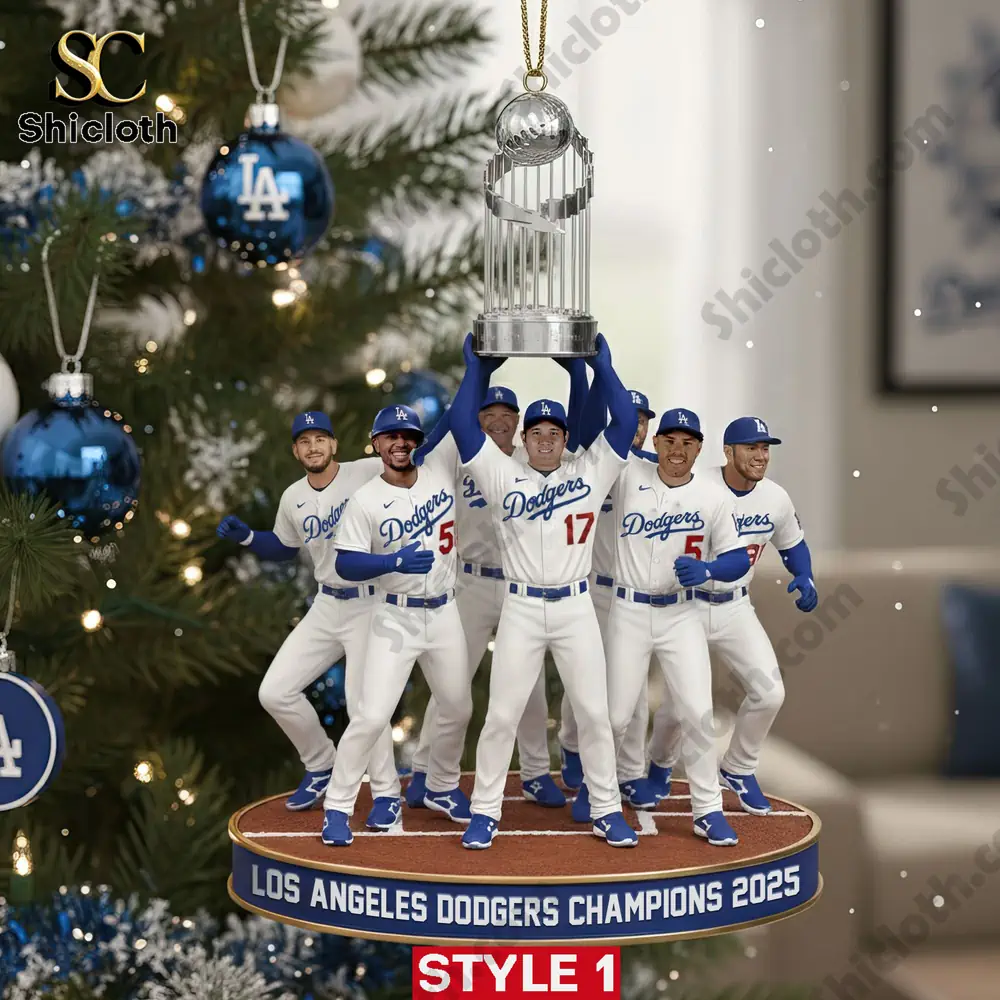 Los Angeles Dodgers players holding the 2025 World Series trophy ornament by Shicloth.