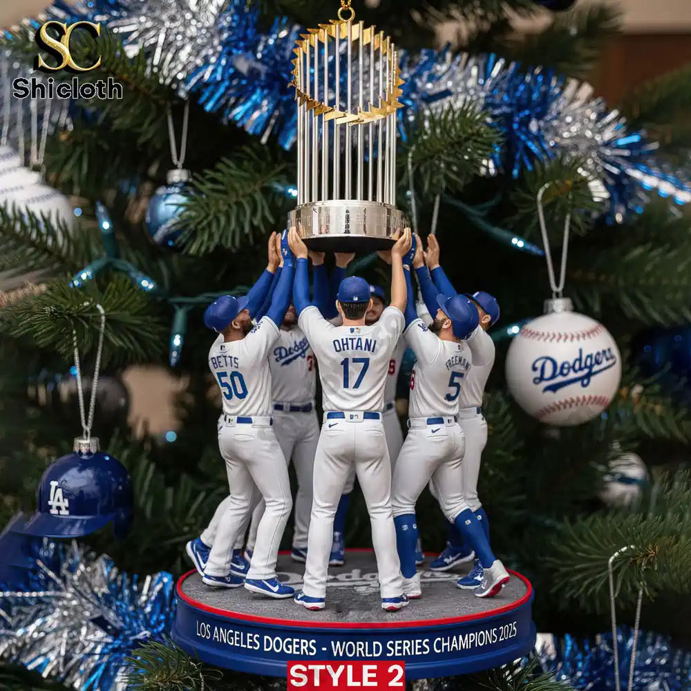 Los Angeles Dodgers World Series Champions 2025 Baseball Ornament 3 Back view of Los Angeles Dodgers players lifting the 2025 World Series trophy ornament.