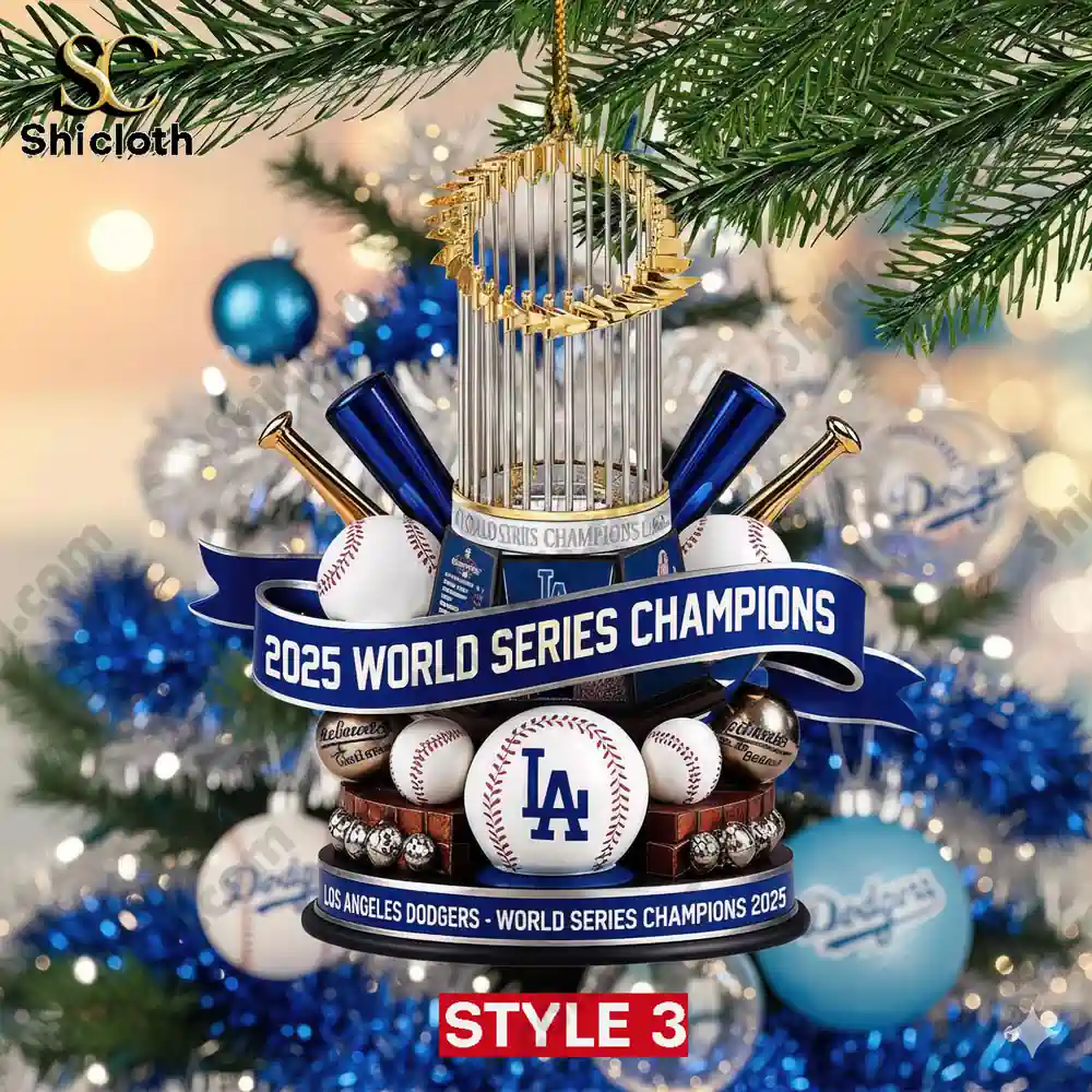 Los Angeles Dodgers World Series Champions 2025 Baseball Ornament 4 World Series Champions 2025 trophy ornament with Dodgers baseball elements by Shicloth.