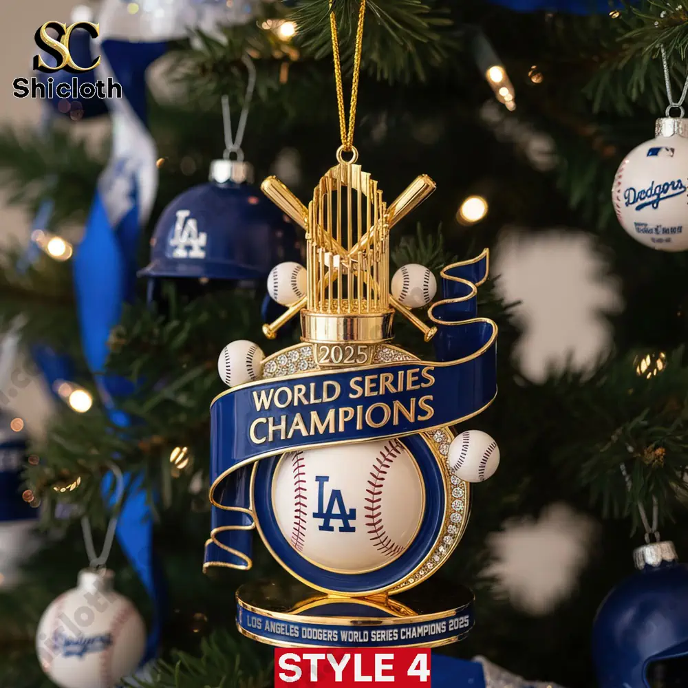 Los Angeles Dodgers World Series Champions 2025 Baseball Ornament 5 Gold trophy and baseball Los Angeles Dodgers World Series Champions 2025 ornament by Shicloth.