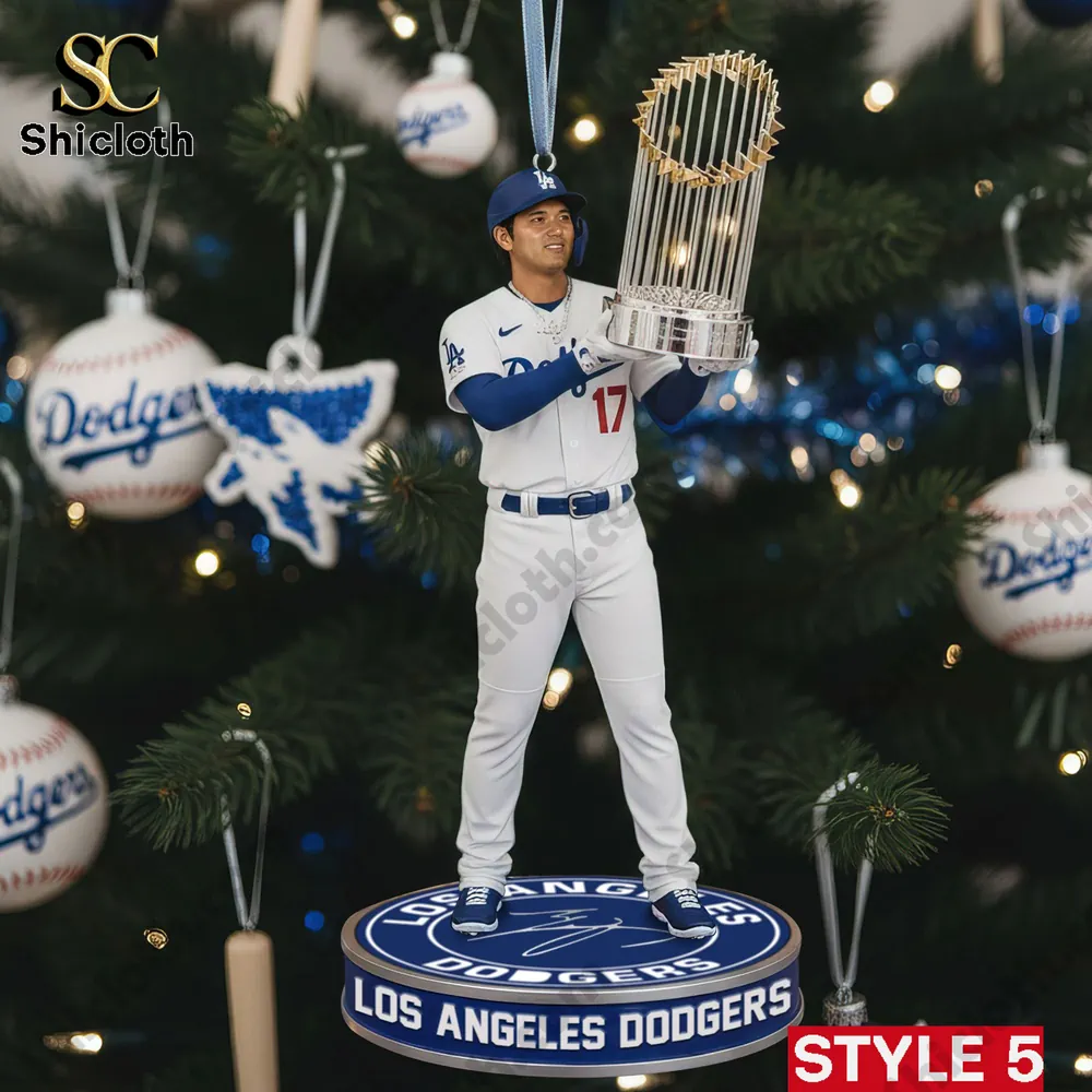 Los Angeles Dodgers World Series Champions 2025 Baseball Ornament 6 Dodgers player holding World Series trophy ornament 2025 by Shicloth.