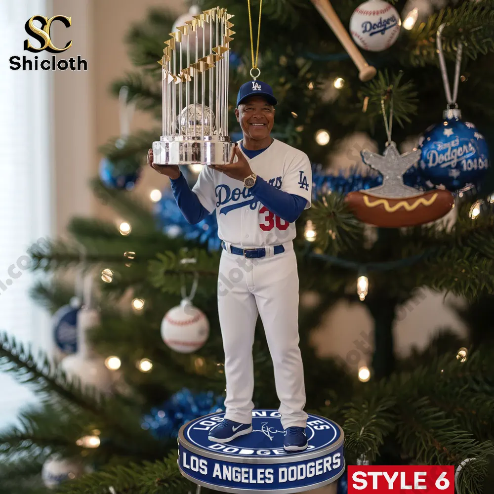 Los Angeles Dodgers World Series Champions 2025 Baseball Ornament 7 Dodgers coach holding World Series trophy ornament 2025 by Shicloth.