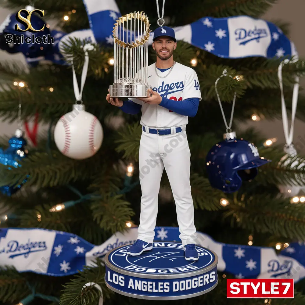 Los Angeles Dodgers World Series Champions 2025 Baseball Ornament 8 Dodgers player with 2025 World Series trophy ornament by Shicloth.