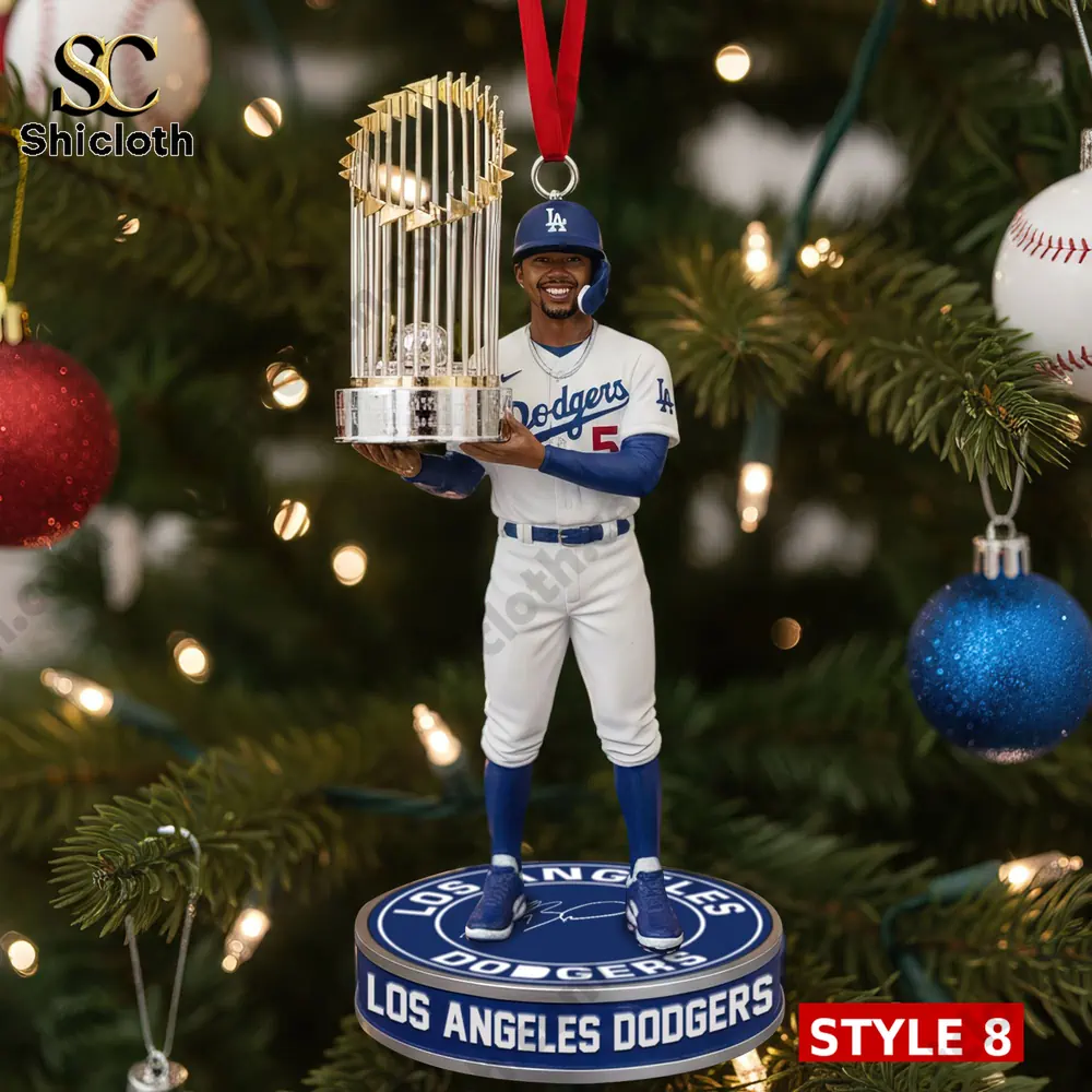 Los Angeles Dodgers World Series Champions 2025 Baseball Ornament 9 Los Angeles Dodgers 2025 champion player holding trophy ornament by Shicloth.